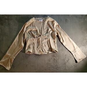 Princess Polly Top Womens Sz 8 Tan Lace Trim Tie Front Long Babydoll Feminine